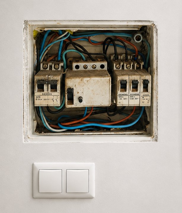 Cuadro eléctrico antiguo empotrado en la pared: caja sucia, automáticos Siemens de los años ochenta y cableado desordenado, con el interruptor de la luz debajo.