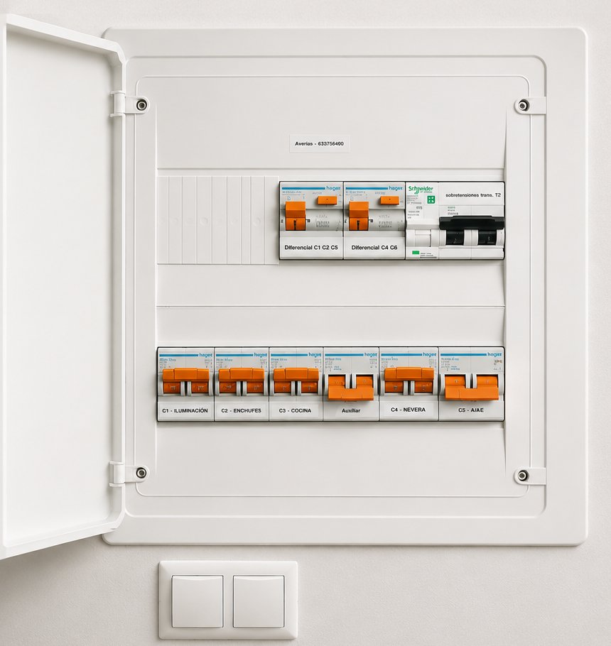 El cuadro nuevo instalado en la misma pared: dos diferenciales, protección contra sobretensiones y seis automáticos etiquetados circuito a circuito, con el mismo interruptor de la luz debajo.